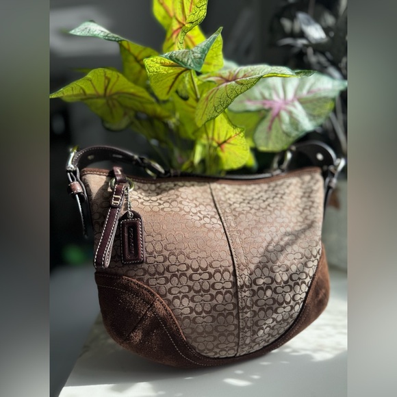Coach Handbags - Coach Signature Brown Suede Trim Shoulder Bag #1460